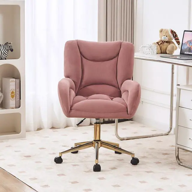 Alt view image 4 of 6 - Velvet Teddy Fabric Home Office Chair Comfy Vanity Chairs Adjustable 360° Swivel Upholstered Computer Task Chair Living Room Chairs with Arm,Ivory (Velvet Fabric in Pink)