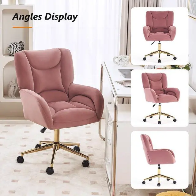 Alt view image 5 of 6 - Velvet Teddy Fabric Home Office Chair Comfy Vanity Chairs Adjustable 360° Swivel Upholstered Computer Task Chair Living Room Chairs with Arm,Ivory (Velvet Fabric in Pink)