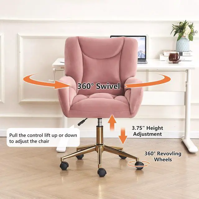 Alt view image 6 of 6 - Velvet Teddy Fabric Home Office Chair Comfy Vanity Chairs Adjustable 360° Swivel Upholstered Computer Task Chair Living Room Chairs with Arm,Ivory (Velvet Fabric in Pink)