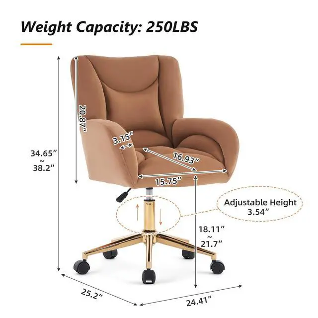 Alt view image 2 of 6 - Velvet Teddy Fabric Home Office Chair Comfy Vanity Chairs Adjustable 360° Swivel Upholstered Computer Task Chair Living Room Chairs with Arm,Ivory (Velvet Fabric in Coffee)