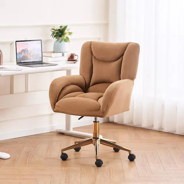 Alt view image 3 of 6 - Velvet Teddy Fabric Home Office Chair Comfy Vanity Chairs Adjustable 360° Swivel Upholstered Computer Task Chair Living Room Chairs with Arm,Ivory (Velvet Fabric in Coffee)