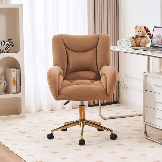 Alt view image 4 of 6 - Velvet Teddy Fabric Home Office Chair Comfy Vanity Chairs Adjustable 360° Swivel Upholstered Computer Task Chair Living Room Chairs with Arm,Ivory (Velvet Fabric in Coffee)