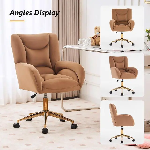 Alt view image 5 of 6 - Velvet Teddy Fabric Home Office Chair Comfy Vanity Chairs Adjustable 360° Swivel Upholstered Computer Task Chair Living Room Chairs with Arm,Ivory (Velvet Fabric in Coffee)