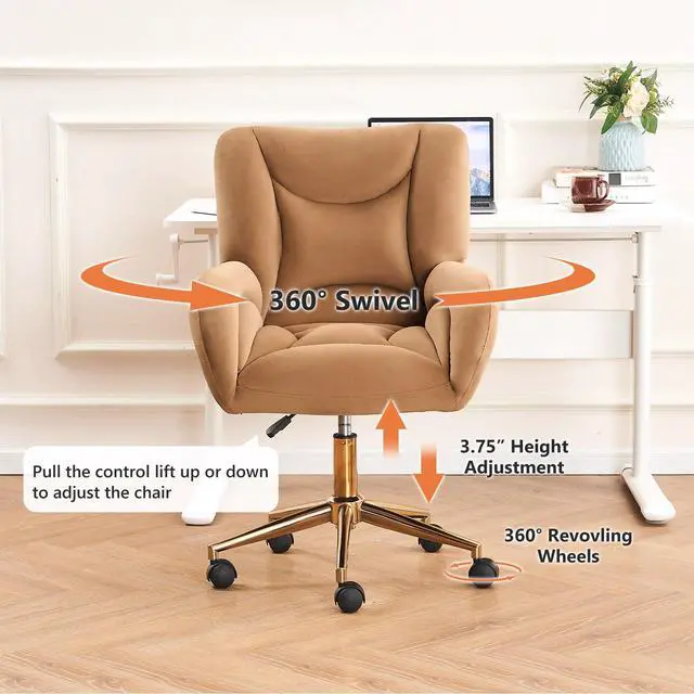 Alt view image 6 of 6 - Velvet Teddy Fabric Home Office Chair Comfy Vanity Chairs Adjustable 360° Swivel Upholstered Computer Task Chair Living Room Chairs with Arm,Ivory (Velvet Fabric in Coffee)