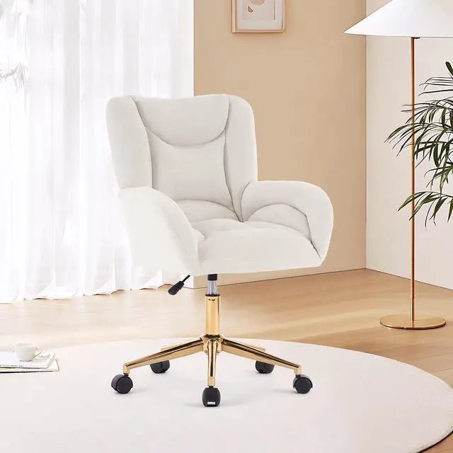 Main image of Velvet Teddy Fabric Home Office Chair Comfy Vanity Chairs Adjustable 360° Swivel Upholstered Computer Task Chair Living Room Chairs with Arm,Ivory (Velvet)