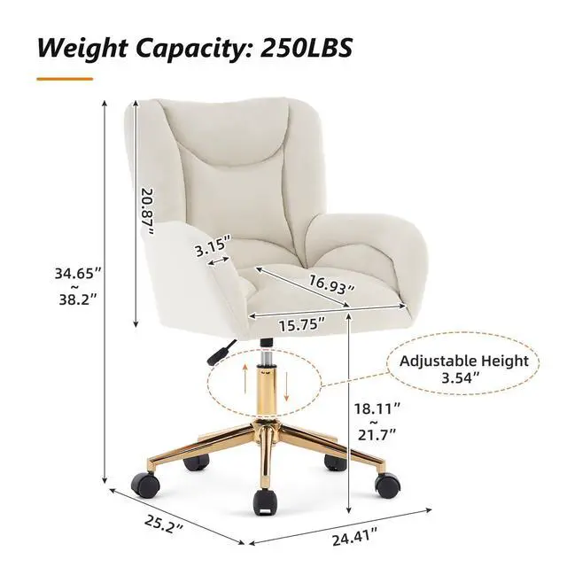 Alt view image 2 of 6 - Velvet Teddy Fabric Home Office Chair Comfy Vanity Chairs Adjustable 360° Swivel Upholstered Computer Task Chair Living Room Chairs with Arm,Ivory (Velvet)