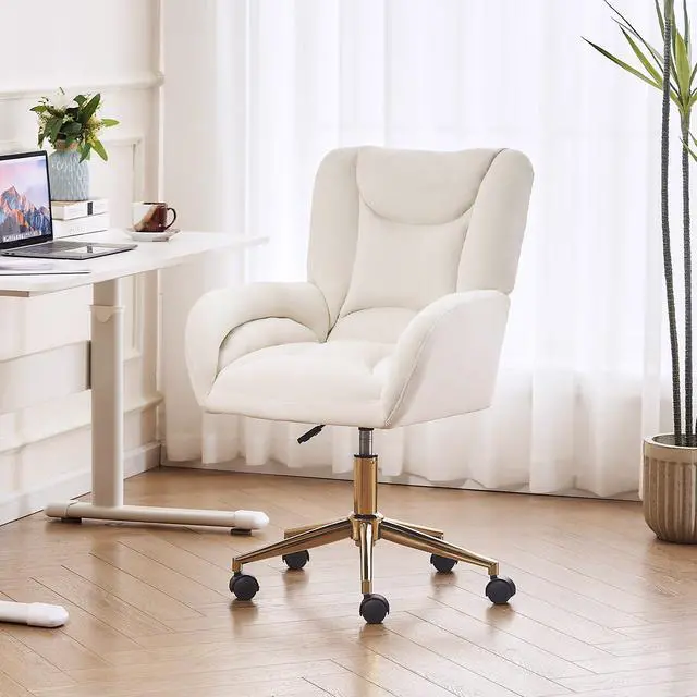 Alt view image 3 of 6 - Velvet Teddy Fabric Home Office Chair Comfy Vanity Chairs Adjustable 360° Swivel Upholstered Computer Task Chair Living Room Chairs with Arm,Ivory (Velvet)
