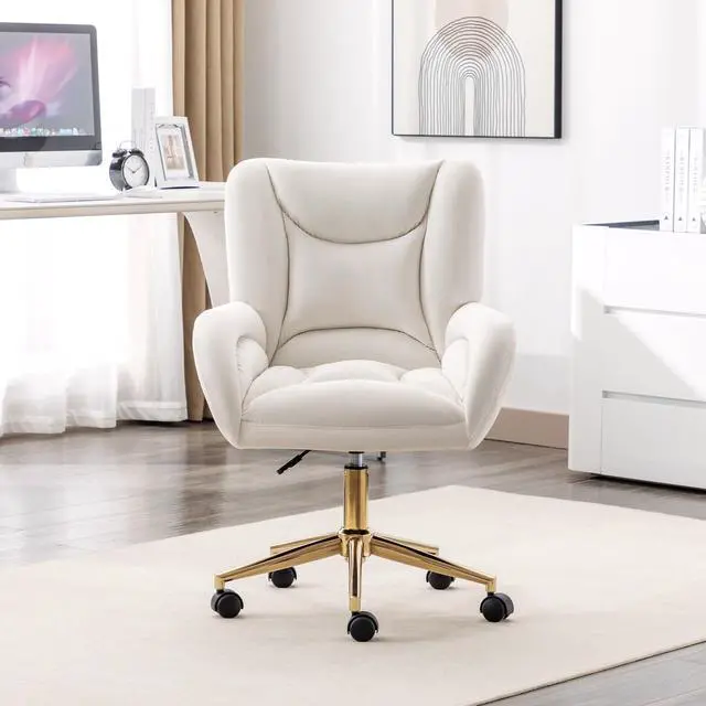 Alt view image 4 of 6 - Velvet Teddy Fabric Home Office Chair Comfy Vanity Chairs Adjustable 360° Swivel Upholstered Computer Task Chair Living Room Chairs with Arm,Ivory (Velvet)