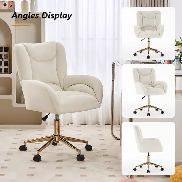 Alt view image 5 of 6 - Velvet Teddy Fabric Home Office Chair Comfy Vanity Chairs Adjustable 360° Swivel Upholstered Computer Task Chair Living Room Chairs with Arm,Ivory (Velvet)
