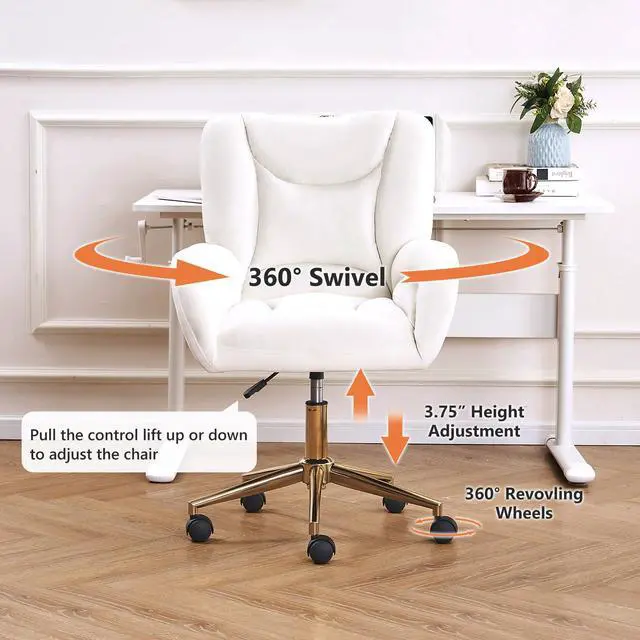 Alt view image 6 of 6 - Velvet Teddy Fabric Home Office Chair Comfy Vanity Chairs Adjustable 360° Swivel Upholstered Computer Task Chair Living Room Chairs with Arm,Ivory (Velvet)