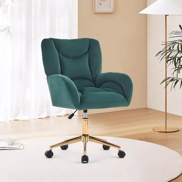 Main image of Velvet Teddy Fabric Home Office Chair Comfy Vanity Chairs Adjustable 360° Swivel Upholstered Computer Task Chair Living Room Chairs with Arm,Ivory (Velvet Fabric in Green)