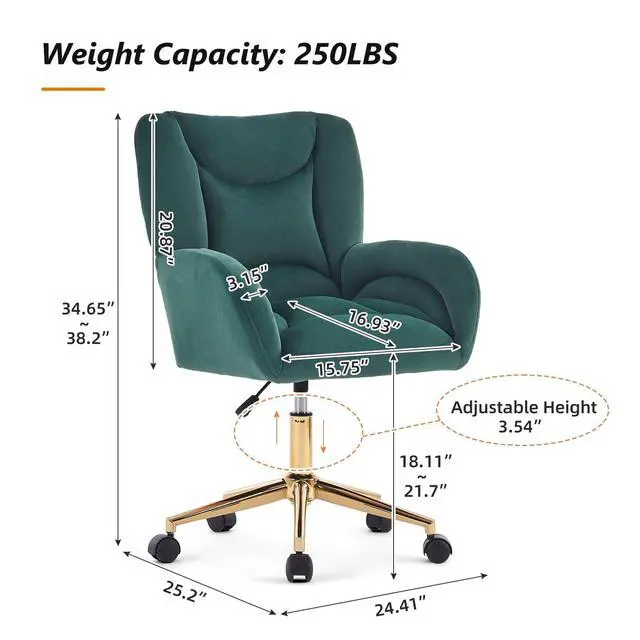 Alt view image 2 of 6 - Velvet Teddy Fabric Home Office Chair Comfy Vanity Chairs Adjustable 360° Swivel Upholstered Computer Task Chair Living Room Chairs with Arm,Ivory (Velvet Fabric in Green)