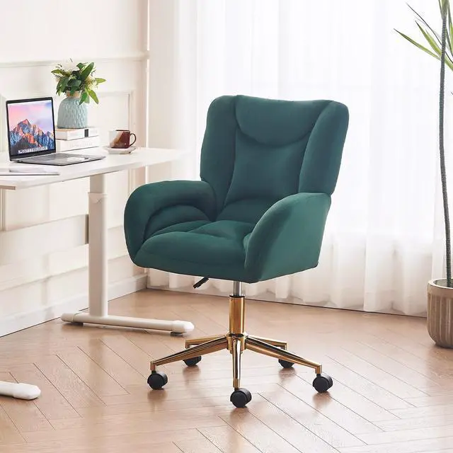 Alt view image 3 of 6 - Velvet Teddy Fabric Home Office Chair Comfy Vanity Chairs Adjustable 360° Swivel Upholstered Computer Task Chair Living Room Chairs with Arm,Ivory (Velvet Fabric in Green)