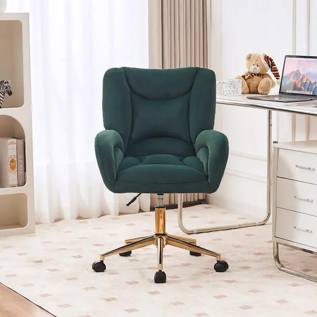 Alt view image 4 of 6 - Velvet Teddy Fabric Home Office Chair Comfy Vanity Chairs Adjustable 360° Swivel Upholstered Computer Task Chair Living Room Chairs with Arm,Ivory (Velvet Fabric in Green)