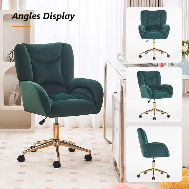 Alt view image 5 of 6 - Velvet Teddy Fabric Home Office Chair Comfy Vanity Chairs Adjustable 360° Swivel Upholstered Computer Task Chair Living Room Chairs with Arm,Ivory (Velvet Fabric in Green)