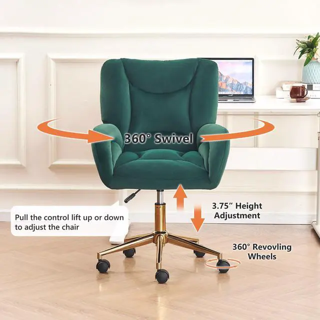Alt view image 6 of 6 - Velvet Teddy Fabric Home Office Chair Comfy Vanity Chairs Adjustable 360° Swivel Upholstered Computer Task Chair Living Room Chairs with Arm,Ivory (Velvet Fabric in Green)