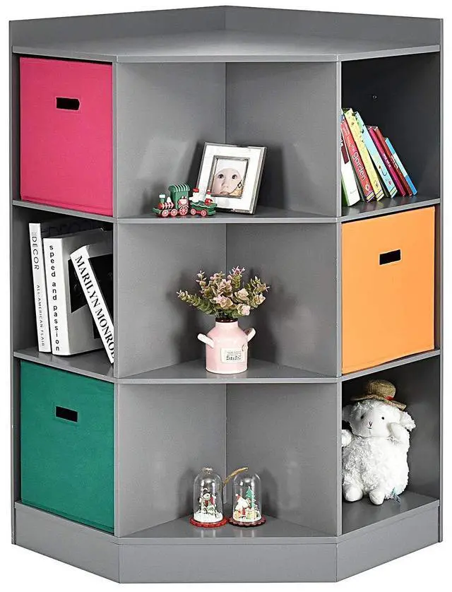 Main image of 9-Cubby Kids Bookcase with Extra Large Storage Baskets, Multi-Bin Children's Organizer Shelf with 6 Cubes and 3 Shelves, Wooden Storage Sideboard Suitable for Playroom, Decor Room (Gray)