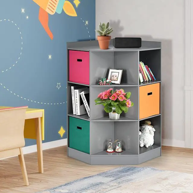 Alt view image 2 of 6 - 9-Cubby Kids Bookcase with Extra Large Storage Baskets, Multi-Bin Children's Organizer Shelf with 6 Cubes and 3 Shelves, Wooden Storage Sideboard Suitable for Playroom, Decor Room (Gray)