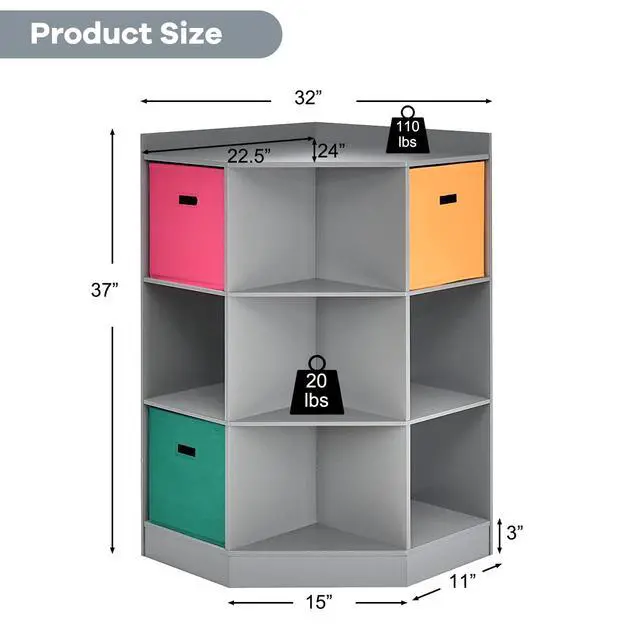 Alt view image 3 of 6 - 9-Cubby Kids Bookcase with Extra Large Storage Baskets, Multi-Bin Children's Organizer Shelf with 6 Cubes and 3 Shelves, Wooden Storage Sideboard Suitable for Playroom, Decor Room (Gray)
