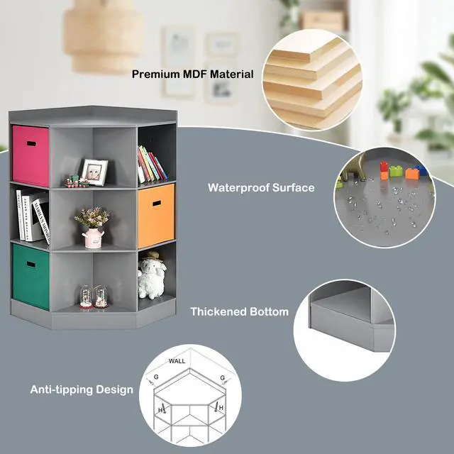 Alt view image 4 of 6 - 9-Cubby Kids Bookcase with Extra Large Storage Baskets, Multi-Bin Children's Organizer Shelf with 6 Cubes and 3 Shelves, Wooden Storage Sideboard Suitable for Playroom, Decor Room (Gray)
