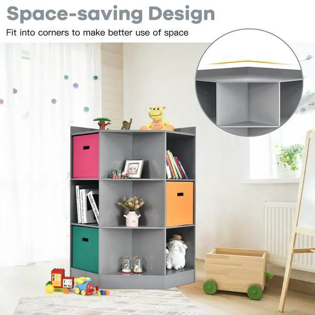 Alt view image 5 of 6 - 9-Cubby Kids Bookcase with Extra Large Storage Baskets, Multi-Bin Children's Organizer Shelf with 6 Cubes and 3 Shelves, Wooden Storage Sideboard Suitable for Playroom, Decor Room (Gray)