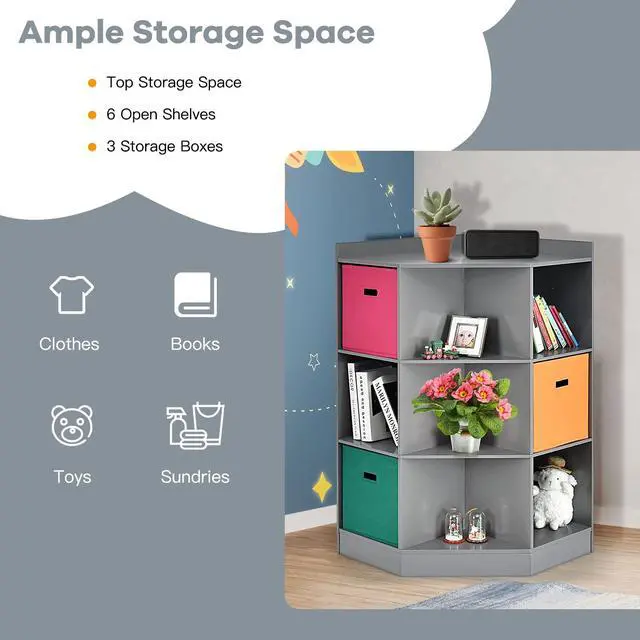 Alt view image 6 of 6 - 9-Cubby Kids Bookcase with Extra Large Storage Baskets, Multi-Bin Children's Organizer Shelf with 6 Cubes and 3 Shelves, Wooden Storage Sideboard Suitable for Playroom, Decor Room (Gray)