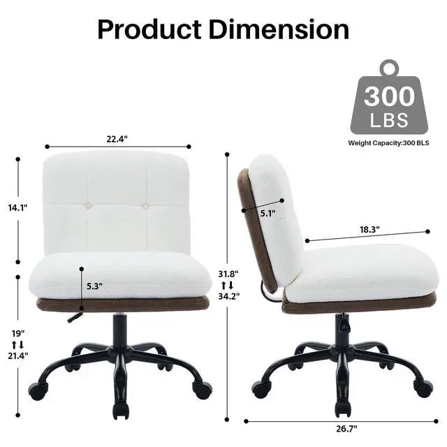 Alt view image 2 of 6 - Armless Office Desk Chair with Wheels Wide Seat, Adjustable Height Swivel Comfy Criss Cross Chair for Home, Office, Make Up, Bed Room, Light Beige