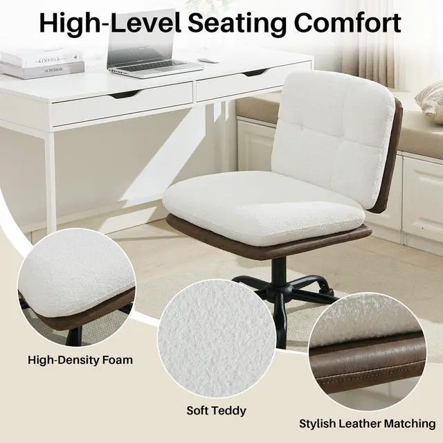 Alt view image 4 of 6 - Armless Office Desk Chair with Wheels Wide Seat, Adjustable Height Swivel Comfy Criss Cross Chair for Home, Office, Make Up, Bed Room, Light Beige