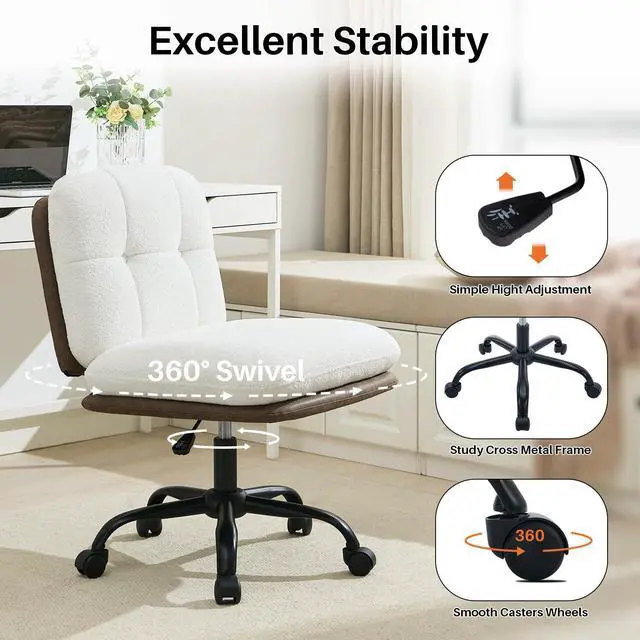 Alt view image 5 of 6 - Armless Office Desk Chair with Wheels Wide Seat, Adjustable Height Swivel Comfy Criss Cross Chair for Home, Office, Make Up, Bed Room, Light Beige