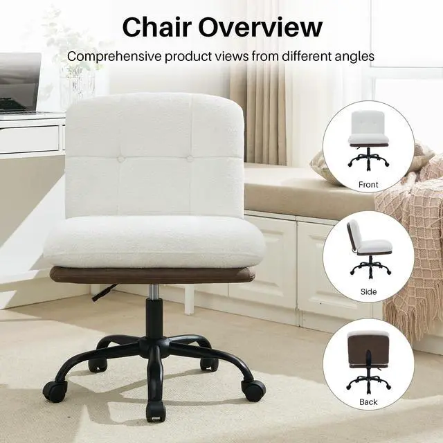 Alt view image 6 of 6 - Armless Office Desk Chair with Wheels Wide Seat, Adjustable Height Swivel Comfy Criss Cross Chair for Home, Office, Make Up, Bed Room, Light Beige