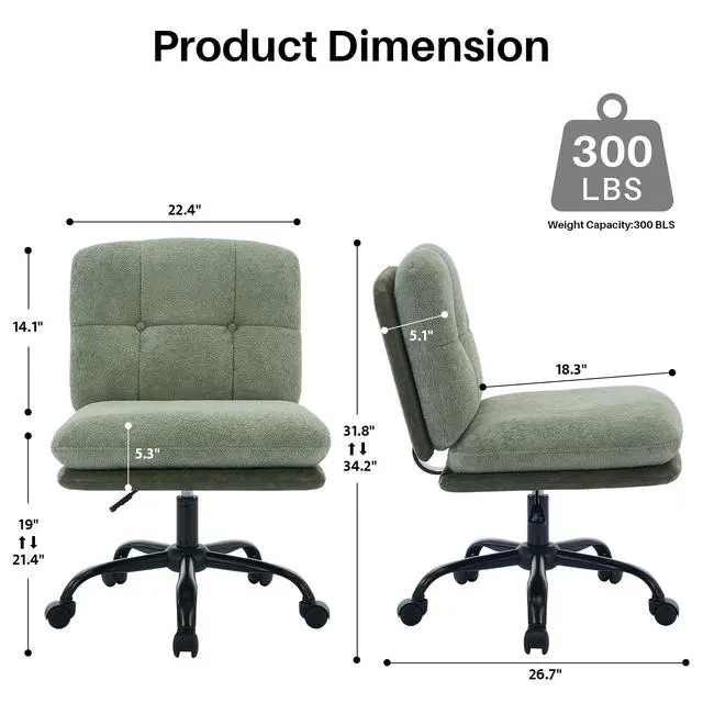 Alt view image 2 of 6 - Armless Office Desk Chair with Wheels Wide Seat, Adjustable Height Swivel Comfy Criss Cross Chair for Home, Office, Make Up, Bed Room, Green