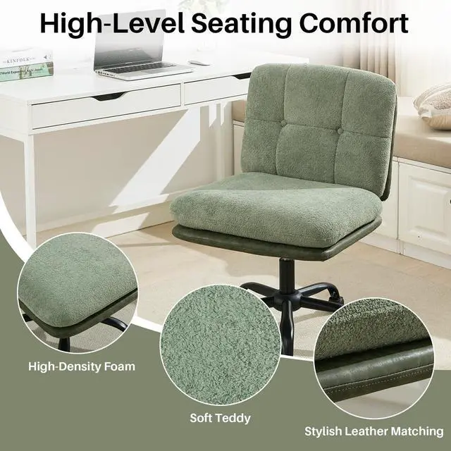 Alt view image 4 of 6 - Armless Office Desk Chair with Wheels Wide Seat, Adjustable Height Swivel Comfy Criss Cross Chair for Home, Office, Make Up, Bed Room, Green