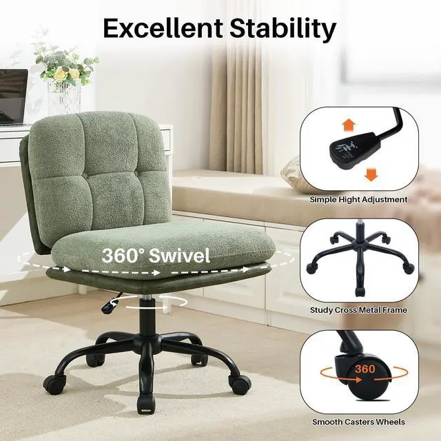 Alt view image 5 of 6 - Armless Office Desk Chair with Wheels Wide Seat, Adjustable Height Swivel Comfy Criss Cross Chair for Home, Office, Make Up, Bed Room, Green