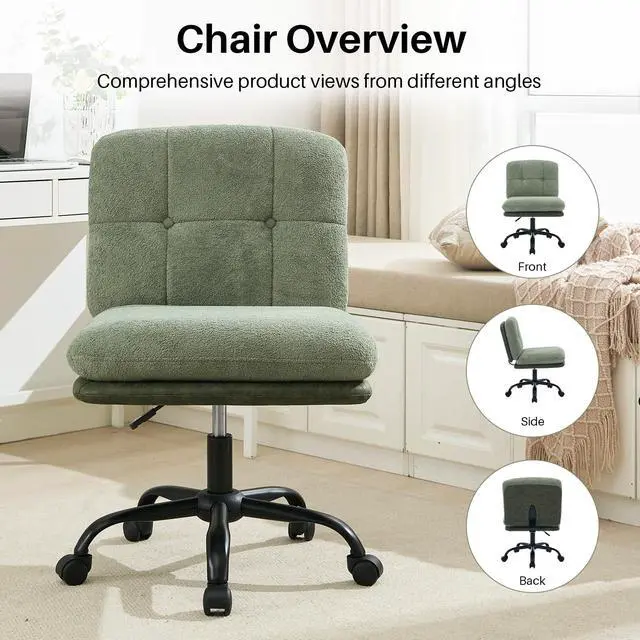 Alt view image 6 of 6 - Armless Office Desk Chair with Wheels Wide Seat, Adjustable Height Swivel Comfy Criss Cross Chair for Home, Office, Make Up, Bed Room, Green