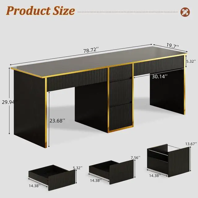 Alt view image 2 of 6 - 78.72 Extra Long Black Desk with Drawers, 2 Person Desk with 5 Storage Drawers, Computer Desk with Storage Shelves,Double Desks Workstation with Shelf for Home Office, Black