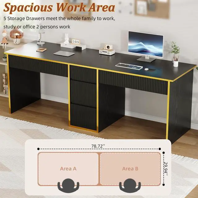 Alt view image 3 of 6 - 78.72 Extra Long Black Desk with Drawers, 2 Person Desk with 5 Storage Drawers, Computer Desk with Storage Shelves,Double Desks Workstation with Shelf for Home Office, Black