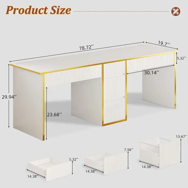 Alt view image 2 of 6 - Two Person Desk with Drawers, 78.72 Inch Extra Long Computer Desk with 5 Storage Drawers, Study Writing Desk with Storage Shelves for Home Office, White and Gold Desk