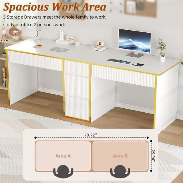 Alt view image 3 of 6 - Two Person Desk with Drawers, 78.72 Inch Extra Long Computer Desk with 5 Storage Drawers, Study Writing Desk with Storage Shelves for Home Office, White and Gold Desk