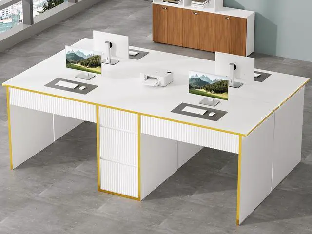 Alt view image 6 of 6 - Two Person Desk with Drawers, 78.72 Inch Extra Long Computer Desk with 5 Storage Drawers, Study Writing Desk with Storage Shelves for Home Office, White and Gold Desk