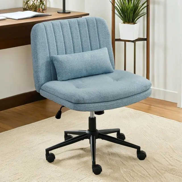 Main image of Dual Layer Criss Cross Legged Chair with Wheels, Comfy Rolling Office Desk Armless Chair with Pillows, Wide Swivel Vanity Chairs Computer Task Chair for Makeup, Bedroom (Linen Fabric Blue)