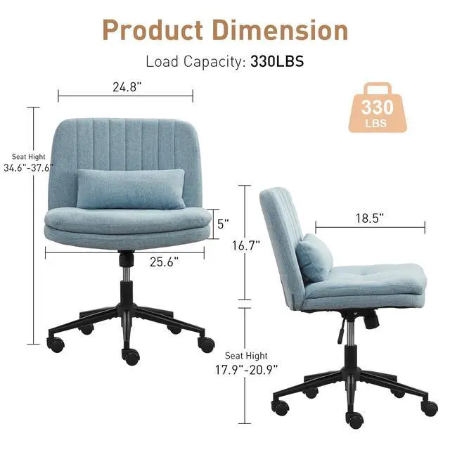 Alt view image 2 of 6 - Dual Layer Criss Cross Legged Chair with Wheels, Comfy Rolling Office Desk Armless Chair with Pillows, Wide Swivel Vanity Chairs Computer Task Chair for Makeup, Bedroom (Linen Fabric Blue)