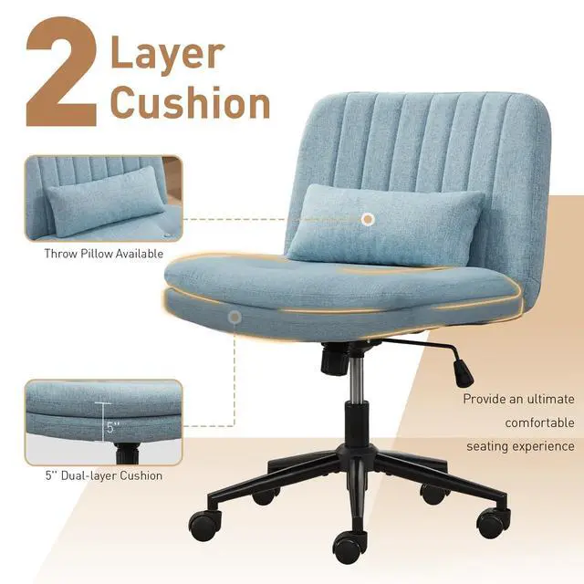 Alt view image 3 of 6 - Dual Layer Criss Cross Legged Chair with Wheels, Comfy Rolling Office Desk Armless Chair with Pillows, Wide Swivel Vanity Chairs Computer Task Chair for Makeup, Bedroom (Linen Fabric Blue)
