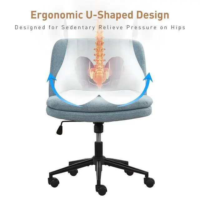 Alt view image 4 of 6 - Dual Layer Criss Cross Legged Chair with Wheels, Comfy Rolling Office Desk Armless Chair with Pillows, Wide Swivel Vanity Chairs Computer Task Chair for Makeup, Bedroom (Linen Fabric Blue)
