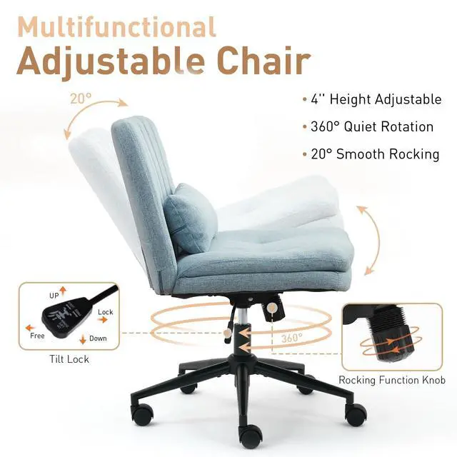 Alt view image 5 of 6 - Dual Layer Criss Cross Legged Chair with Wheels, Comfy Rolling Office Desk Armless Chair with Pillows, Wide Swivel Vanity Chairs Computer Task Chair for Makeup, Bedroom (Linen Fabric Blue)
