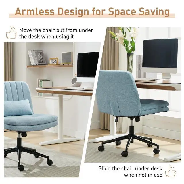 Alt view image 6 of 6 - Dual Layer Criss Cross Legged Chair with Wheels, Comfy Rolling Office Desk Armless Chair with Pillows, Wide Swivel Vanity Chairs Computer Task Chair for Makeup, Bedroom (Linen Fabric Blue)