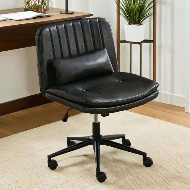 Main image of Dual Layer Criss Cross Legged Chair with Wheels, Comfy Rolling Office Desk Armless Chair with Pillows, Wide Swivel Vanity Chairs Computer Task Chair for Makeup, Bedroom (PU Leather Black)