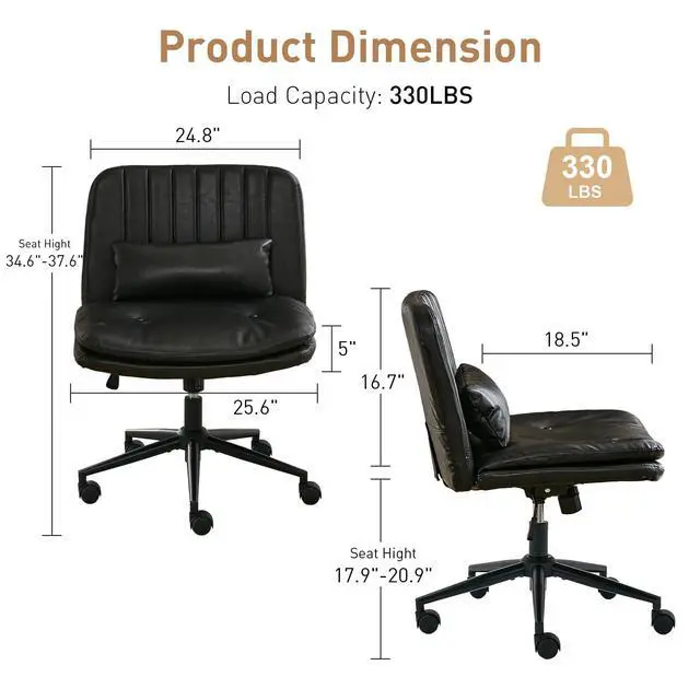 Alt view image 2 of 6 - Dual Layer Criss Cross Legged Chair with Wheels, Comfy Rolling Office Desk Armless Chair with Pillows, Wide Swivel Vanity Chairs Computer Task Chair for Makeup, Bedroom (PU Leather Black)