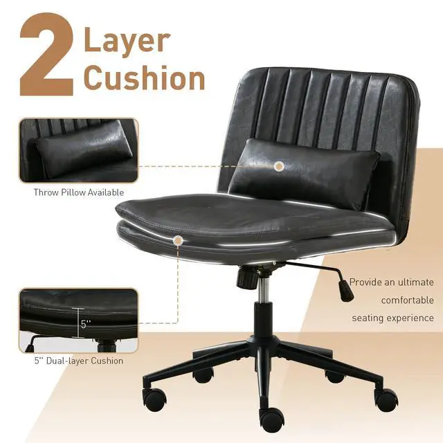 Alt view image 3 of 6 - Dual Layer Criss Cross Legged Chair with Wheels, Comfy Rolling Office Desk Armless Chair with Pillows, Wide Swivel Vanity Chairs Computer Task Chair for Makeup, Bedroom (PU Leather Black)