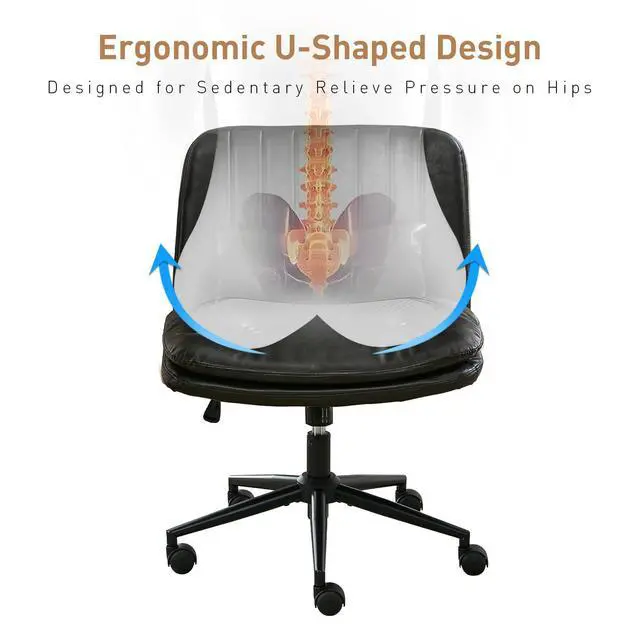 Alt view image 4 of 6 - Dual Layer Criss Cross Legged Chair with Wheels, Comfy Rolling Office Desk Armless Chair with Pillows, Wide Swivel Vanity Chairs Computer Task Chair for Makeup, Bedroom (PU Leather Black)