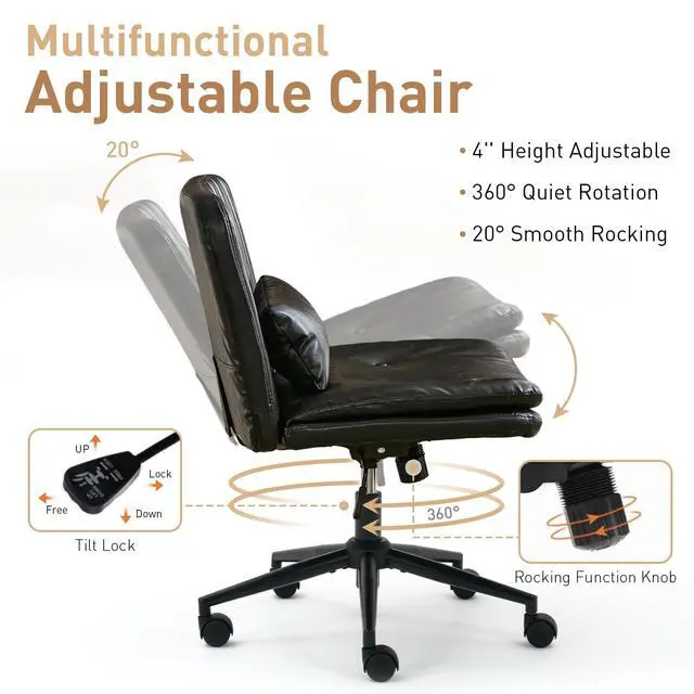 Alt view image 5 of 6 - Dual Layer Criss Cross Legged Chair with Wheels, Comfy Rolling Office Desk Armless Chair with Pillows, Wide Swivel Vanity Chairs Computer Task Chair for Makeup, Bedroom (PU Leather Black)